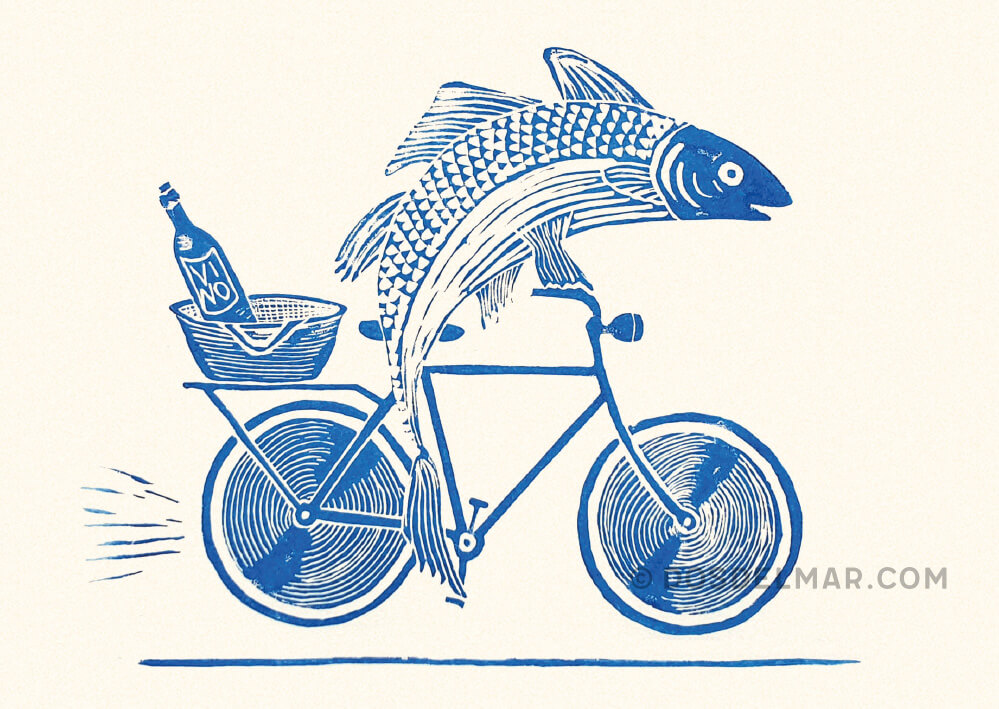 Maritime Postkarte von Linoldruck, Fisch mit Wein auf Fahrrad