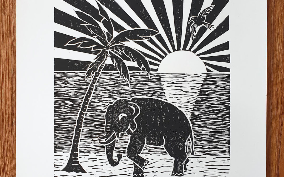 Elefant am Meer / Linoldruck
