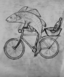 Skizze: Fisch mit Fahrrad und Wein für Linoldruck/Kunstdruck