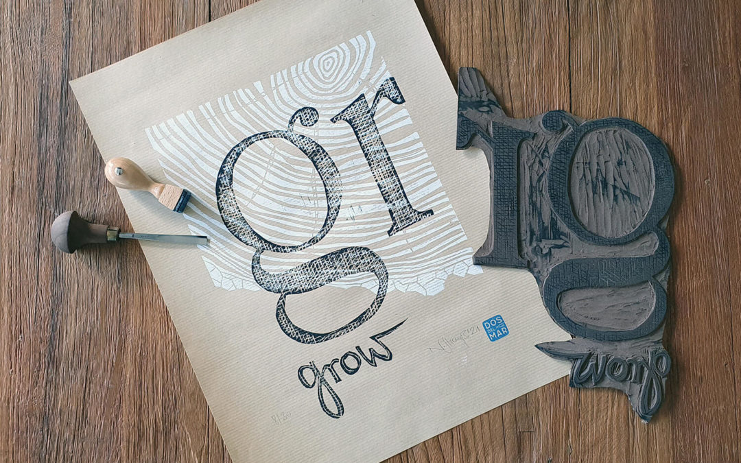 Grow (1) / Linoldruck, Baumringe, Typografie